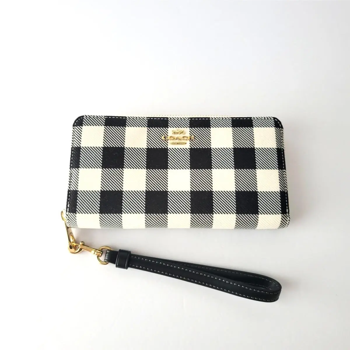 CFA13 Long Zip Around Wallet Jacquard Gingham Print Wristlet Black Multi by Coach