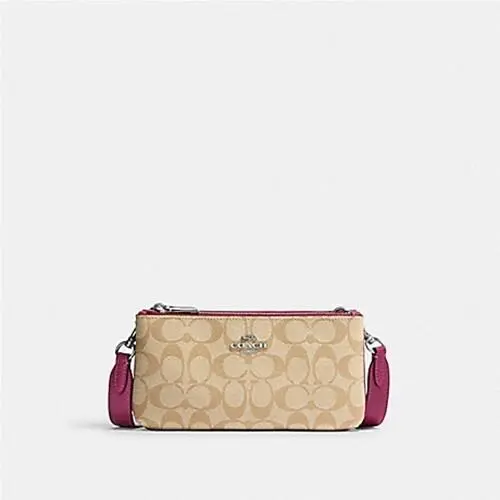 CJ790 Double Zip Crossbody Pebble Leather Clutch $350-Rasberry Color by Coach