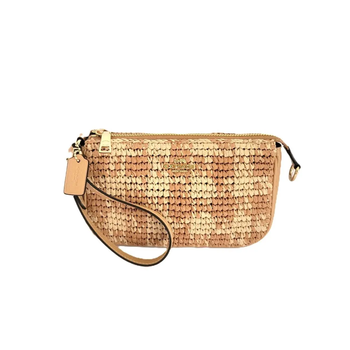 CEN00 Nolita 19 Gingham Print Straw Small Handbag Clutch Wristlet Gold Tan by Coach