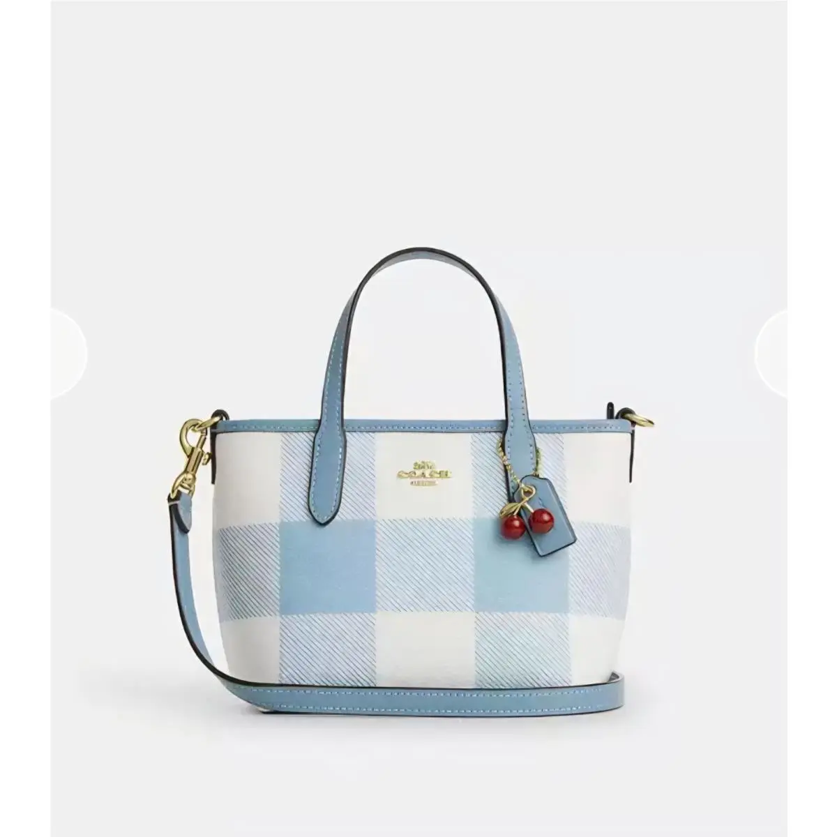 City Mini Tote Bag with Gingham Print Charm CEU32 Gold Blue Multi by Coach