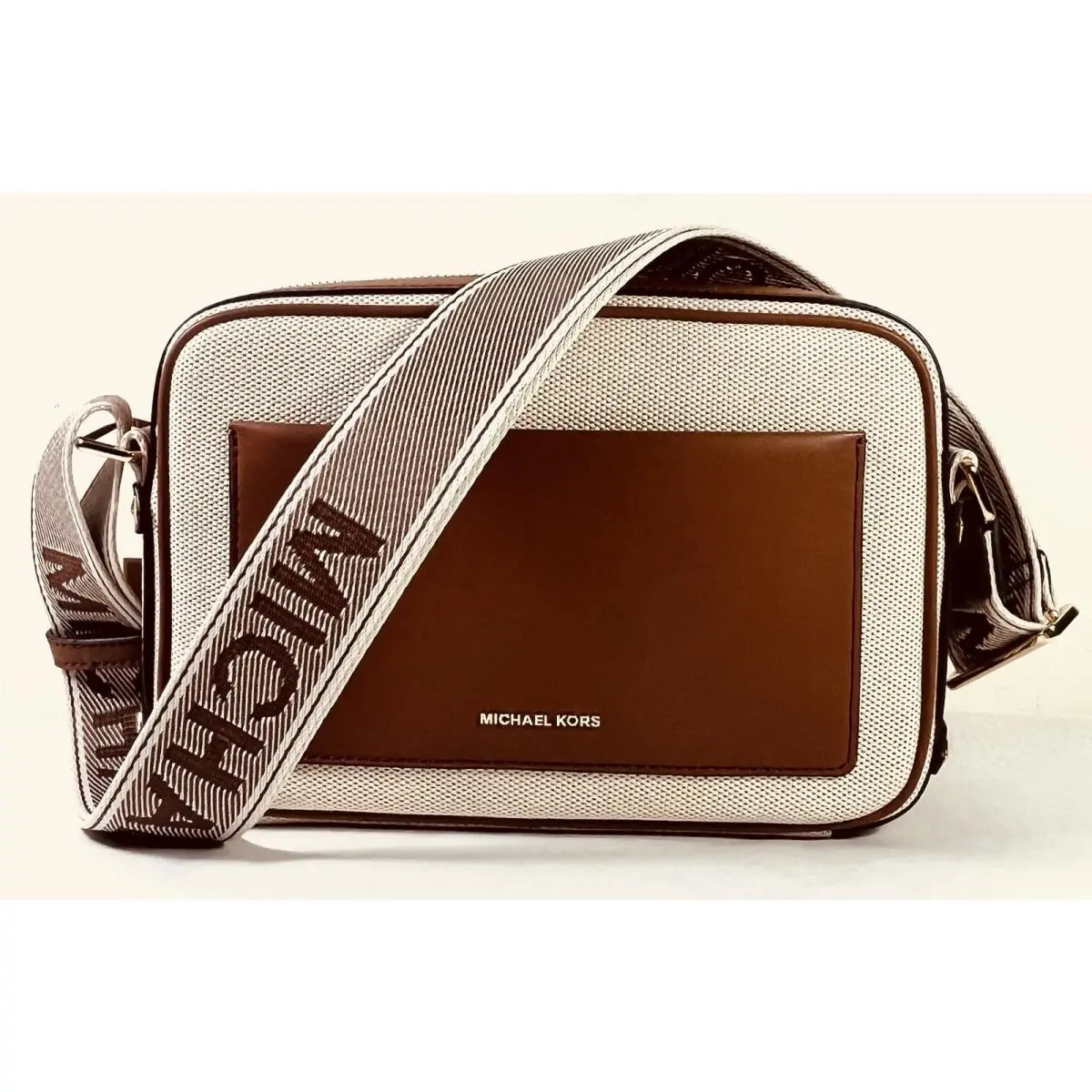 Maeve Pocket Camera Brown Trimmed Canvas Large Crossbody Bag by Michael Kors