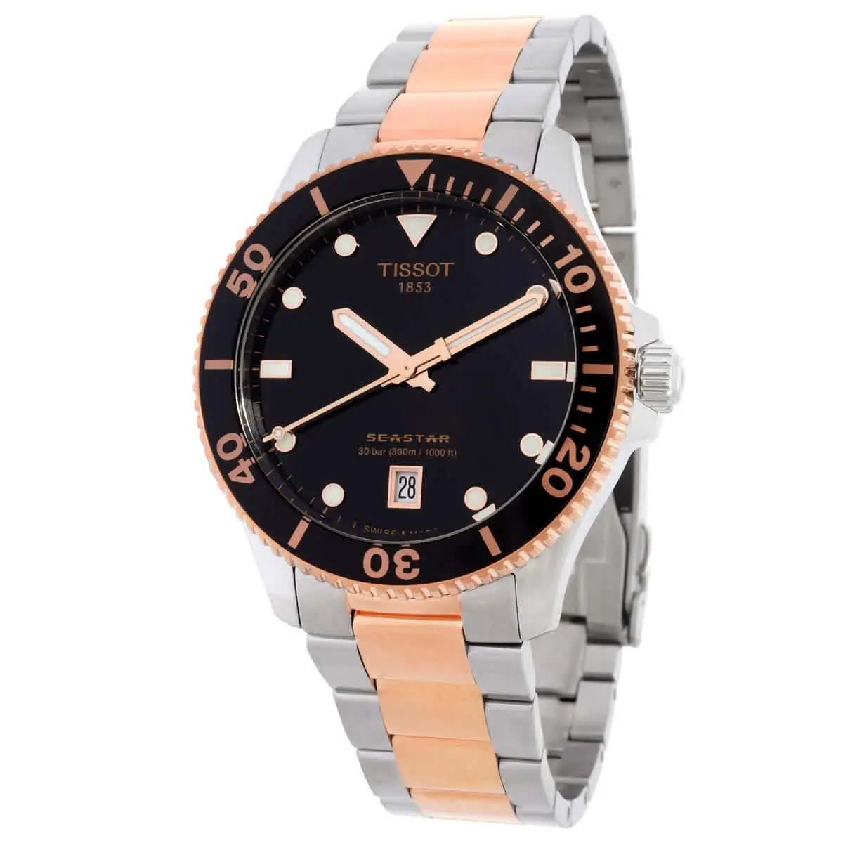 Tissot T1204102205101 Seastar Black Dial 40 mm Men`s Watch - Two-tone (Silver-tone and Rose Gold-tone), Dial: Black, Band: Two-tone (Silver-tone and Rose Gold-tone)