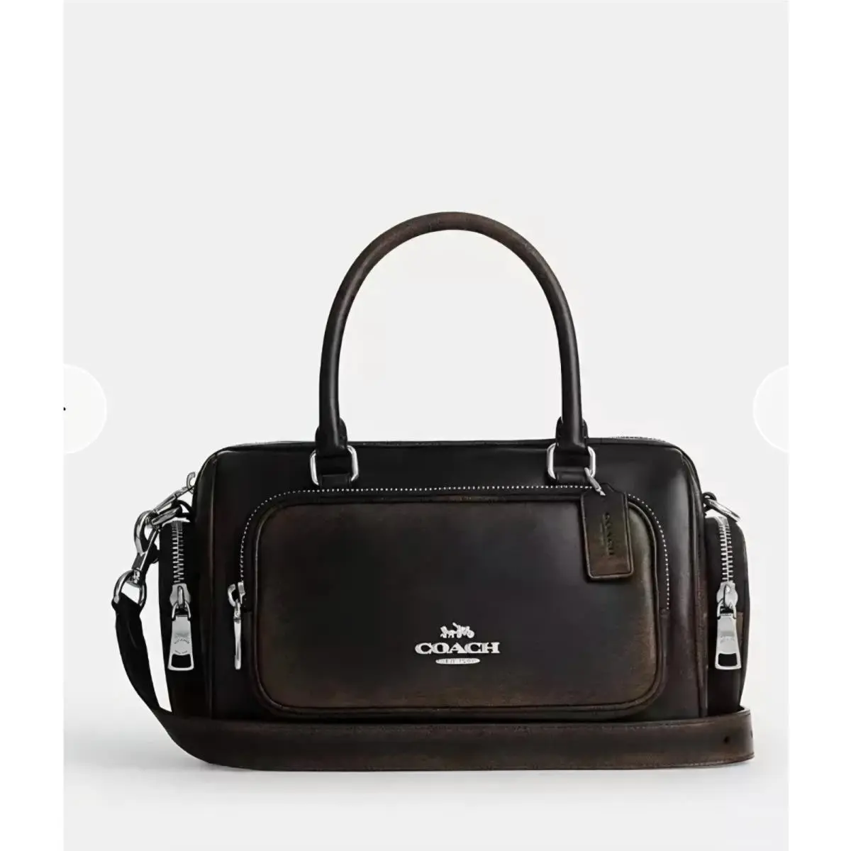 Rowan Satchel Bag with Pockets In Loved Leather Black Brown CES83 by Coach