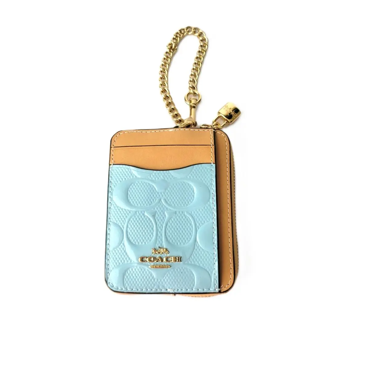CFA36 Zip Coin Case Debossed Signature Patent Leather Charm Light Blue by Coach