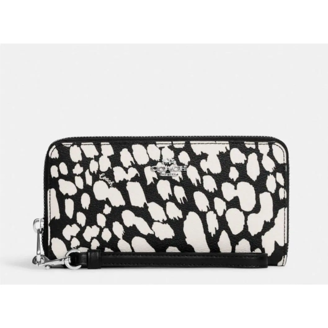 Long Zip Around Wallet with Spotted Animal Print Black Chalk White CC473 by Coach