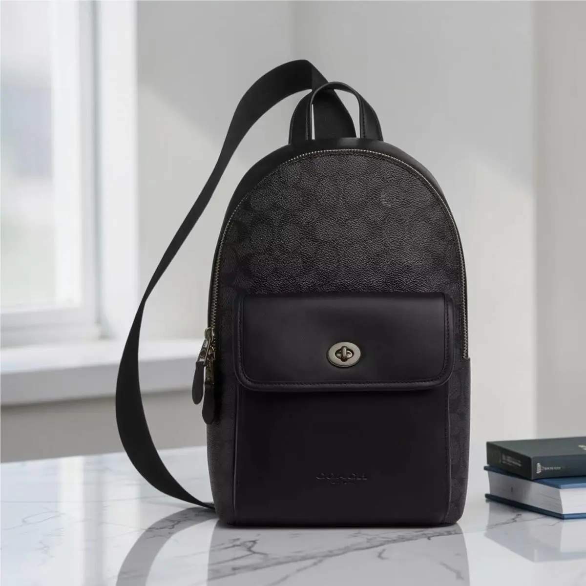CAJ92 Turnlock Sling Pack Signature Canvas Charcoal Black Gunmetal by Coach
