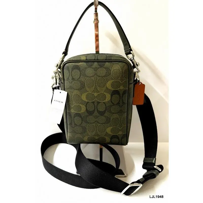 Tristan 14 Signature Canvas Camo Print Crossbody Green CET72 by Coach
