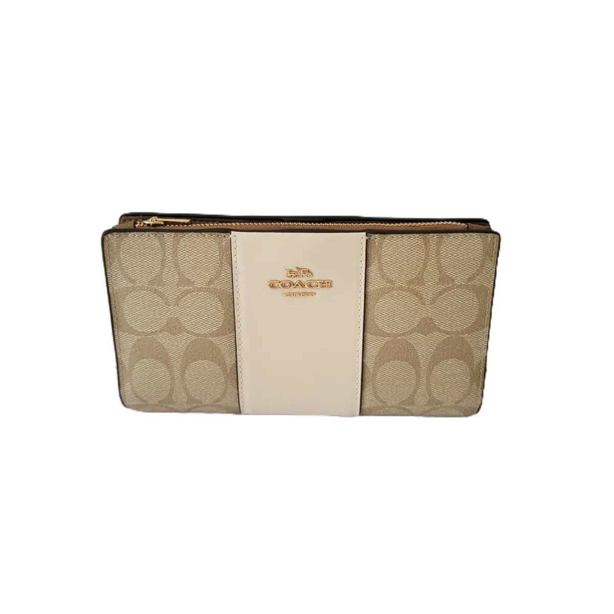 CR928 Slim Zip Signature Leather Stripe Wallet Clutch Light Khaki Chalk by Coach
