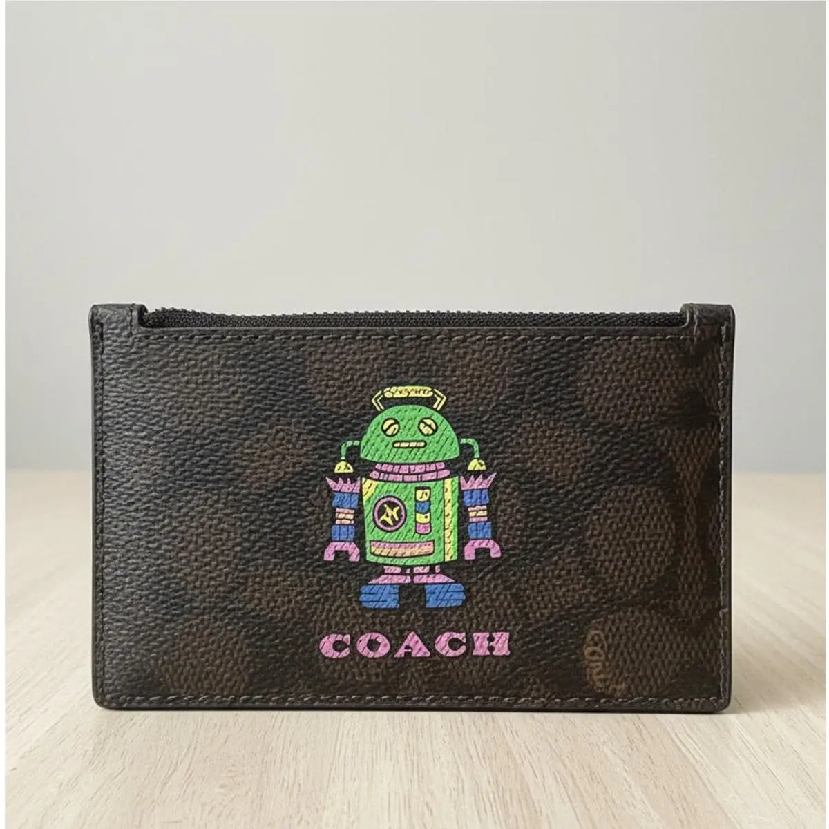 Cosmic Zip Card Case CW223 Robot Brown Leather Slim Wallet Orgpkg by Coach