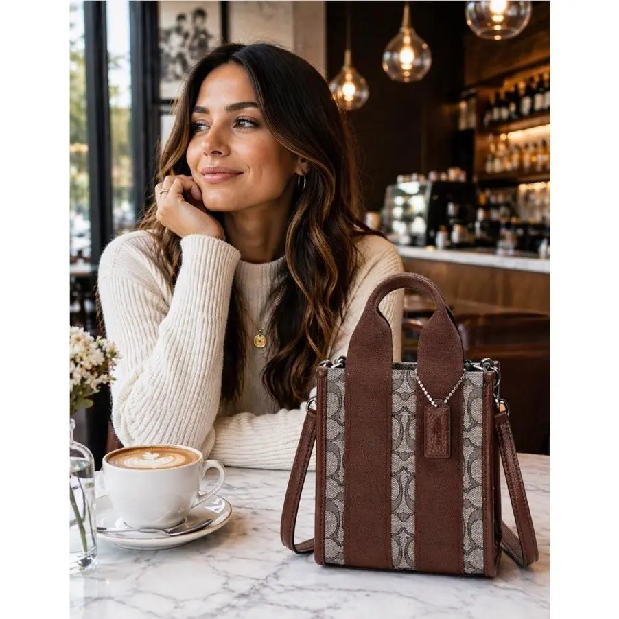 Smith Mini Tote Bag Silver Hardware Oak Maple Signature Jacquard Gift Box by Coach