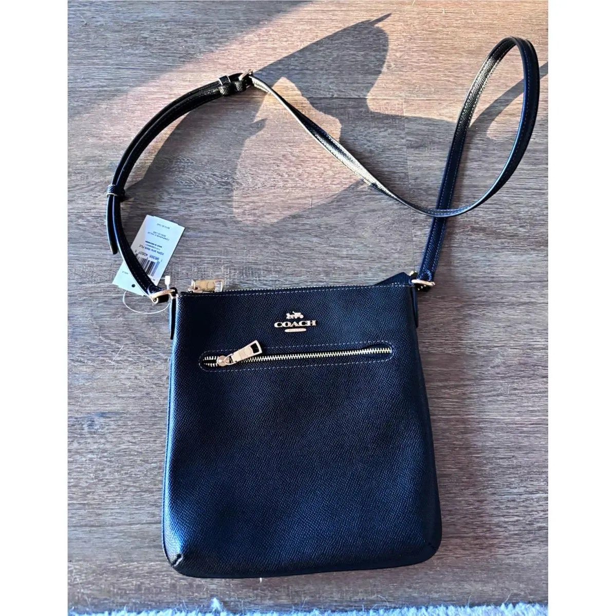 Mini Black Crossbody Bag Zip Closure Adjustable Detachable Strap Gold by Coach