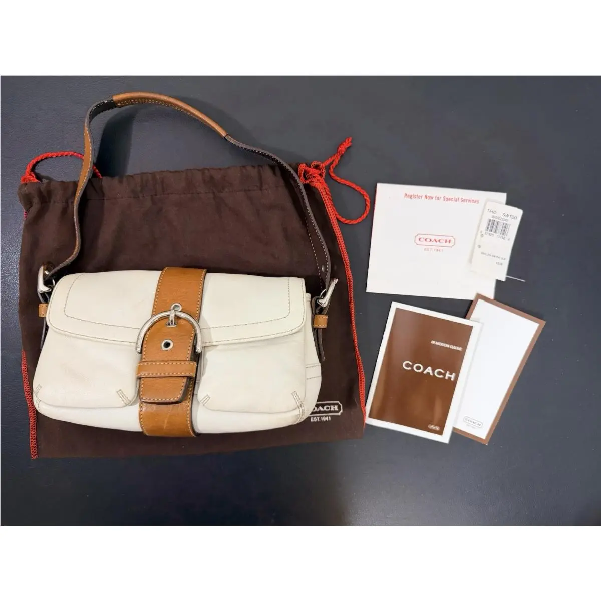 Vtg  Soho M05S-1446 Leather Shoulder Bag Cream/white Brown by Coach