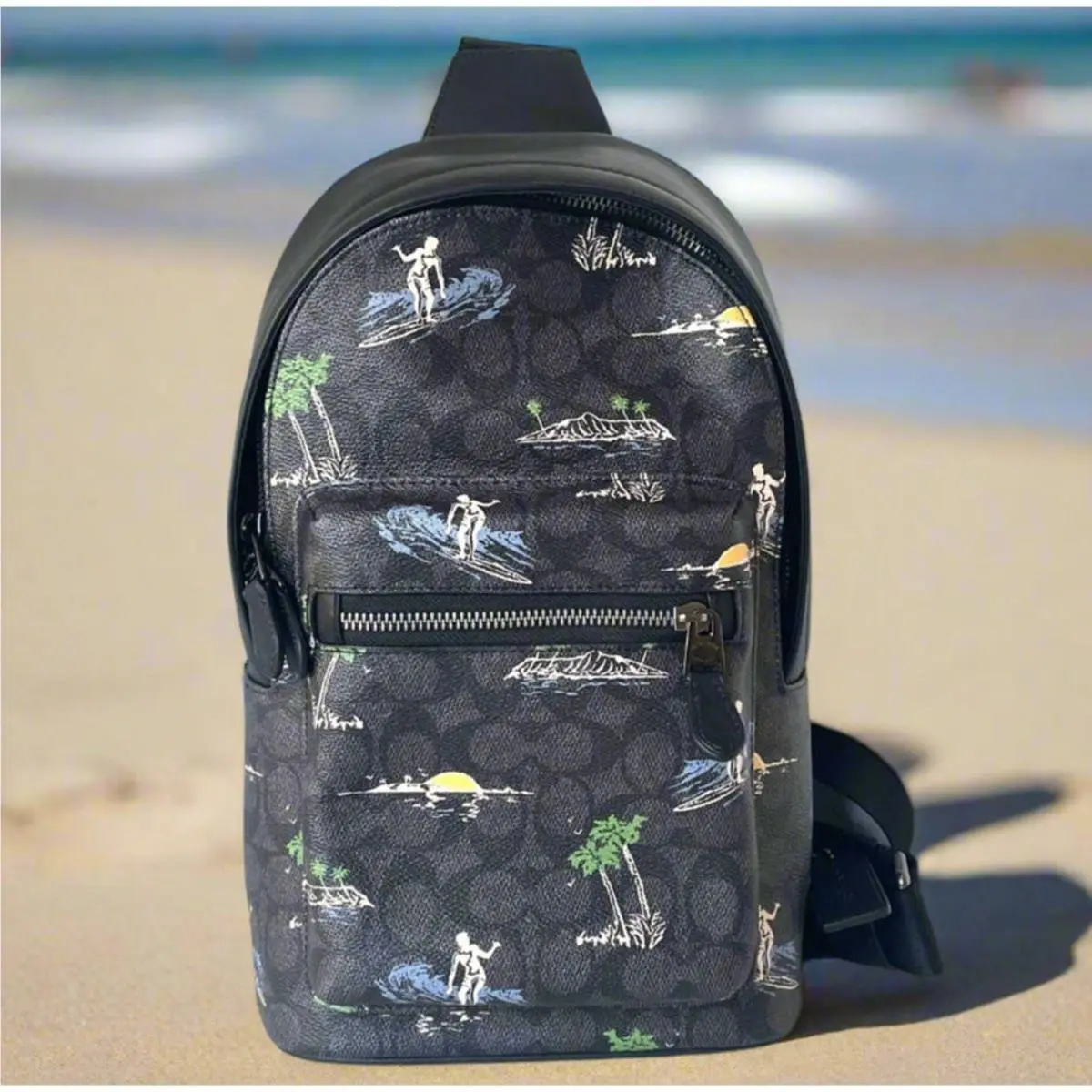 West Pack 2853 Surf Print Signature Canvas Leather Sling Crossbody Bag by Coach