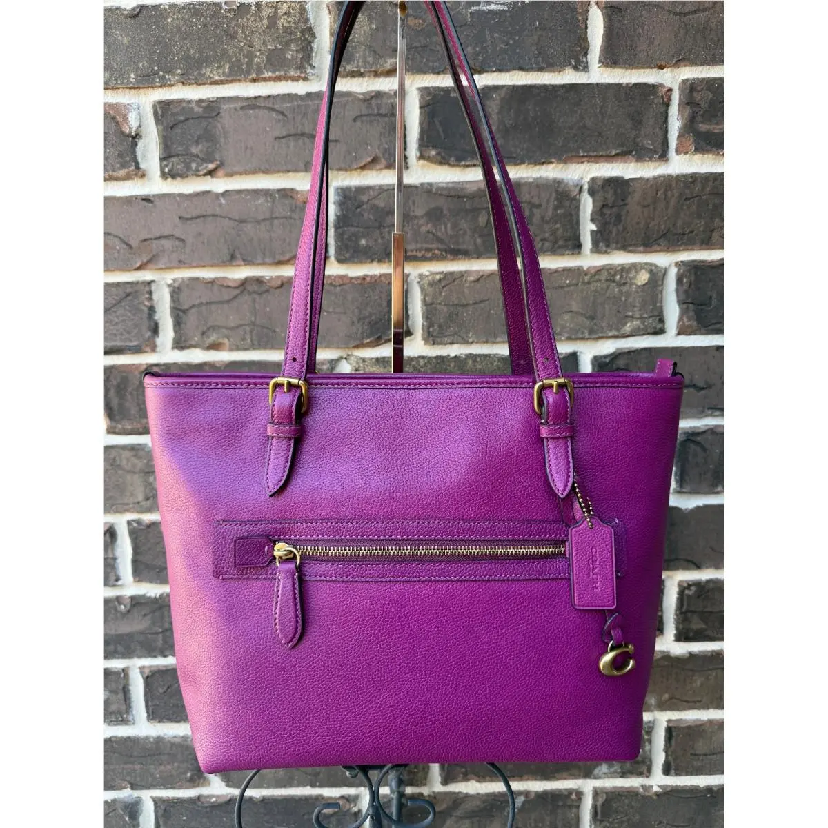 Taylor Pebbled Leather Shoulder Tote Plum Purple by Coach