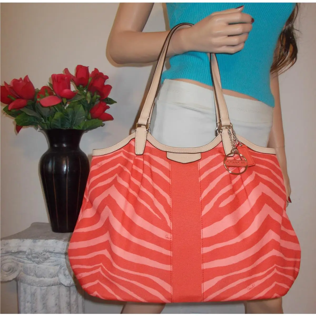 LG Orange Pink Signature Exotic Leather Shoulder Bag Charm Tote Purse by Coach