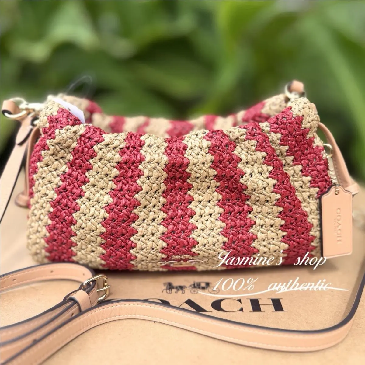 Faye Shoulder Bag Gold/red/tan Straw and Smooth Leather CER33 by Coach