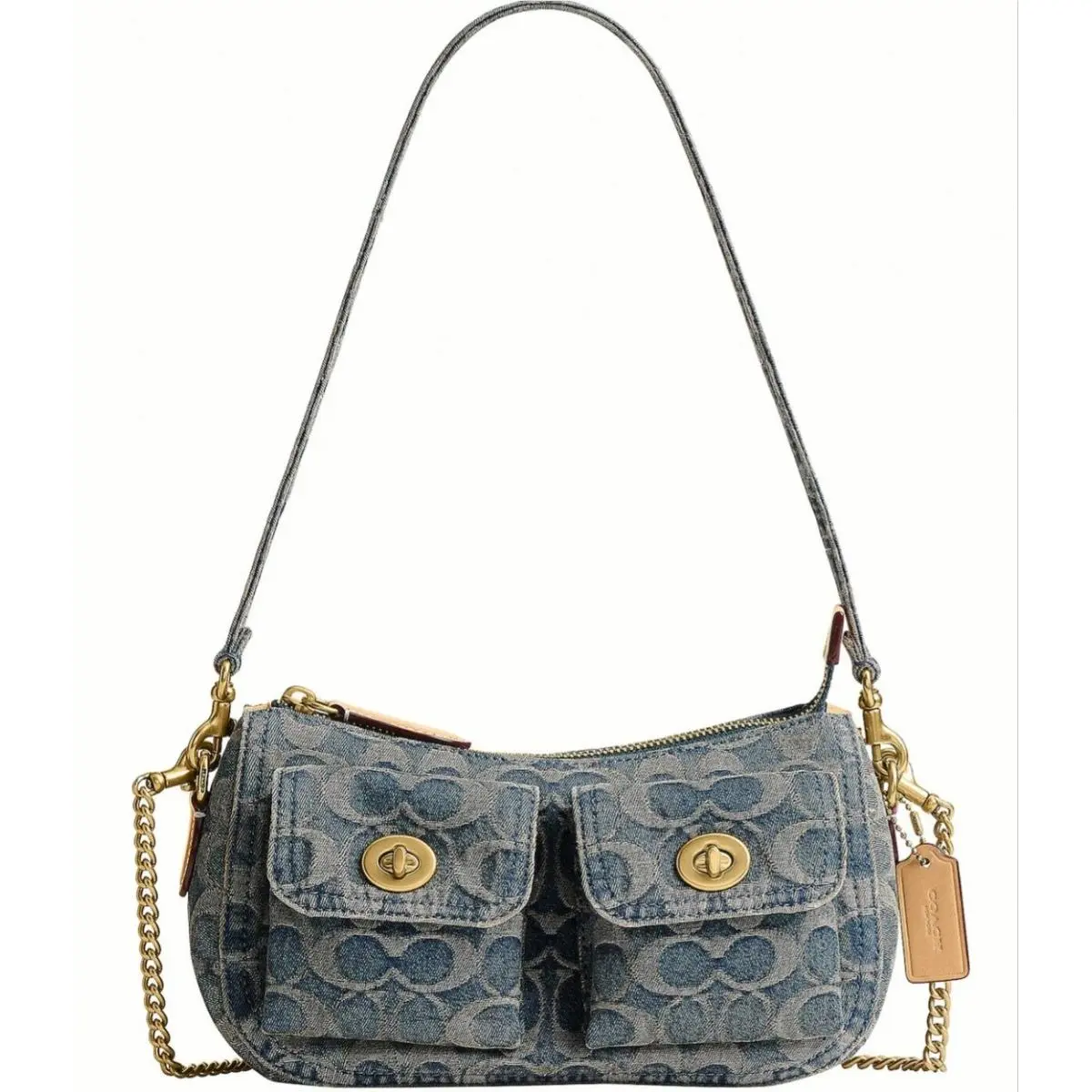 Loved Denim Twin Turnlock Shoulder Bag Blue Logo Tan Leather CEN90 by Coach