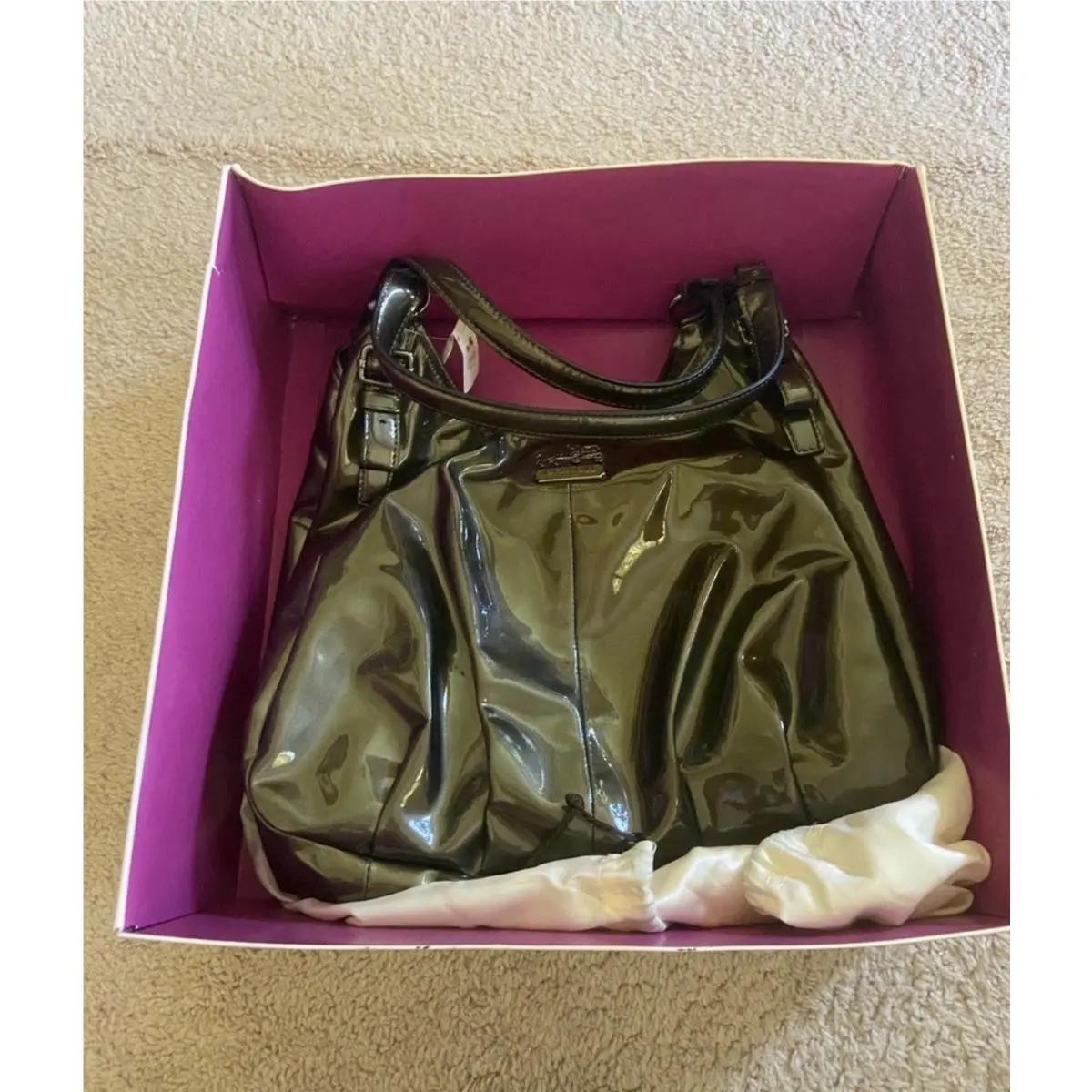 Madison Maggie Pat Leather Hobo Shoulder Bag Gunmetal Olive 18760 Box by Coach