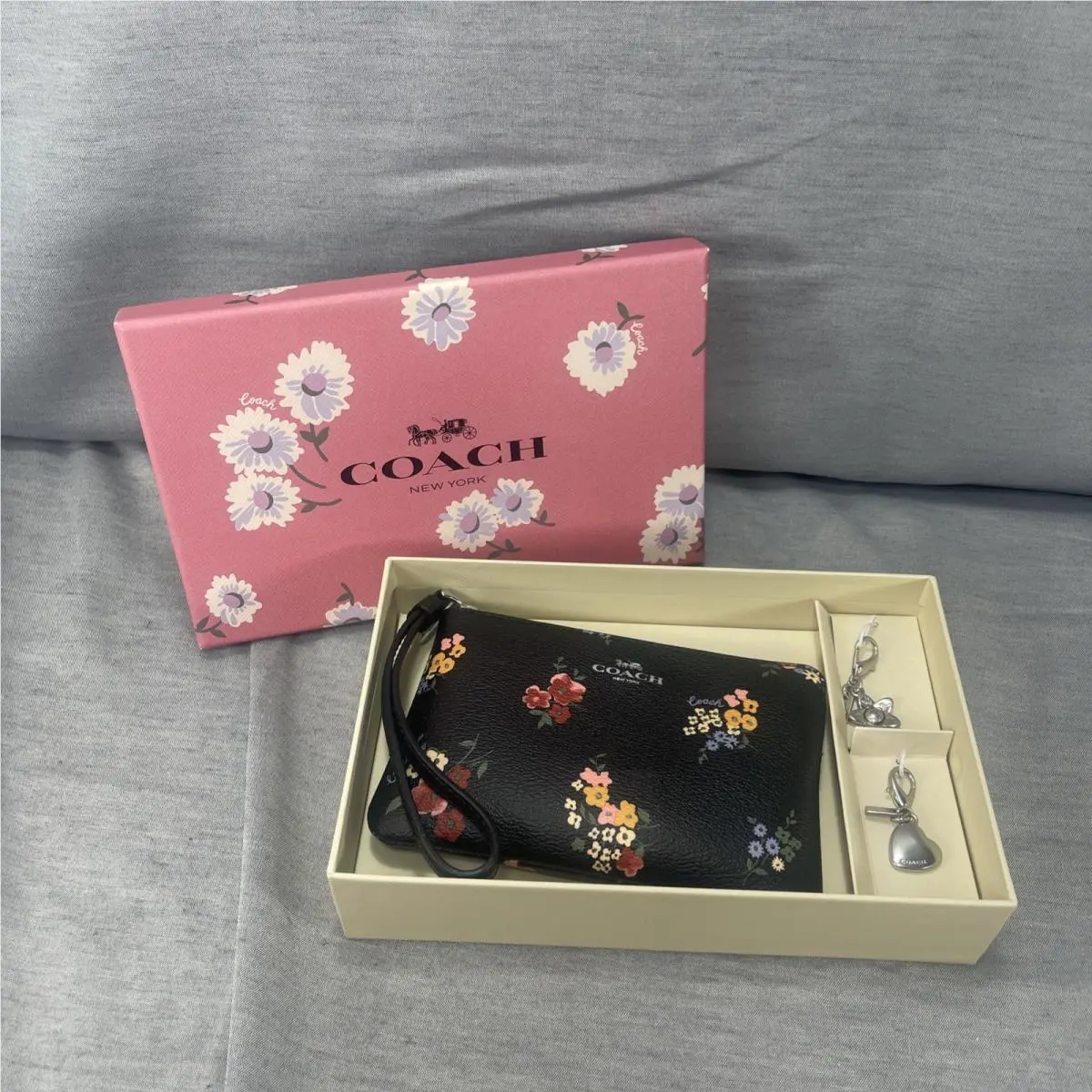 Boxed Corner Zip Black Wild Flower Wristlet Bag Charm Gift Set by Coach
