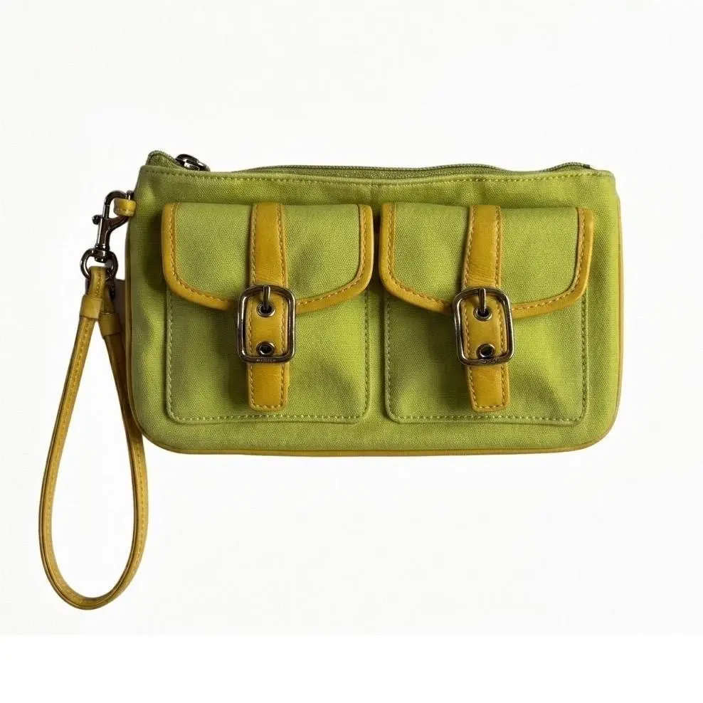 FS3431 Field Wristlet Lime Green Canvas Yellow Leather Cargo Buckle by Coach