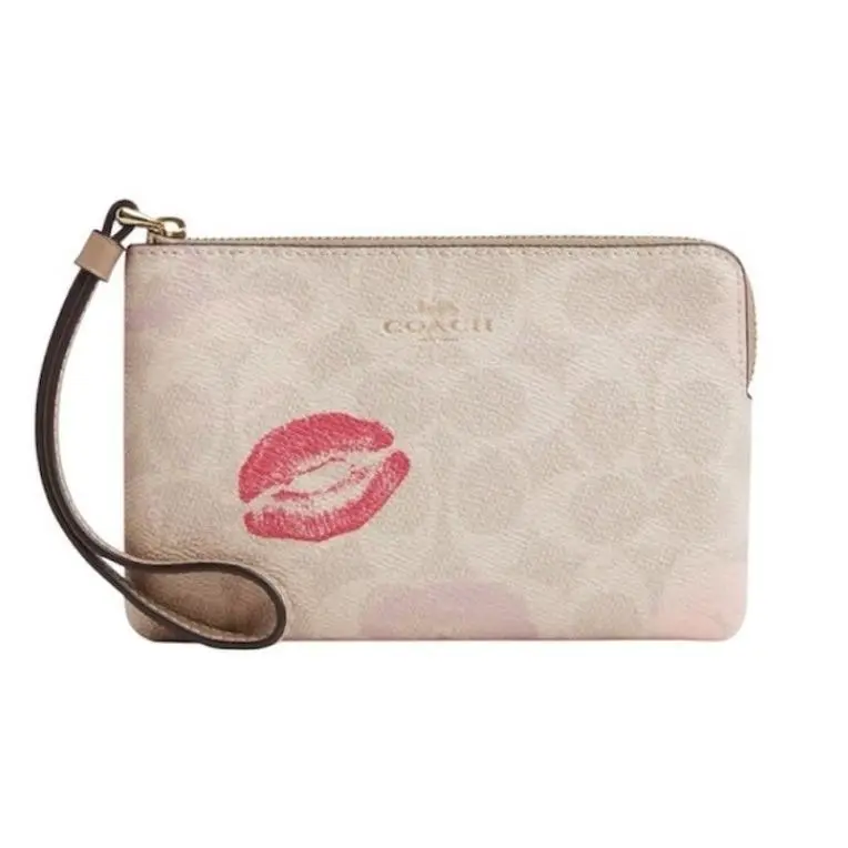 Lip Print Sand Signature Coated Canvas Corner Zip Wristlet by Coach