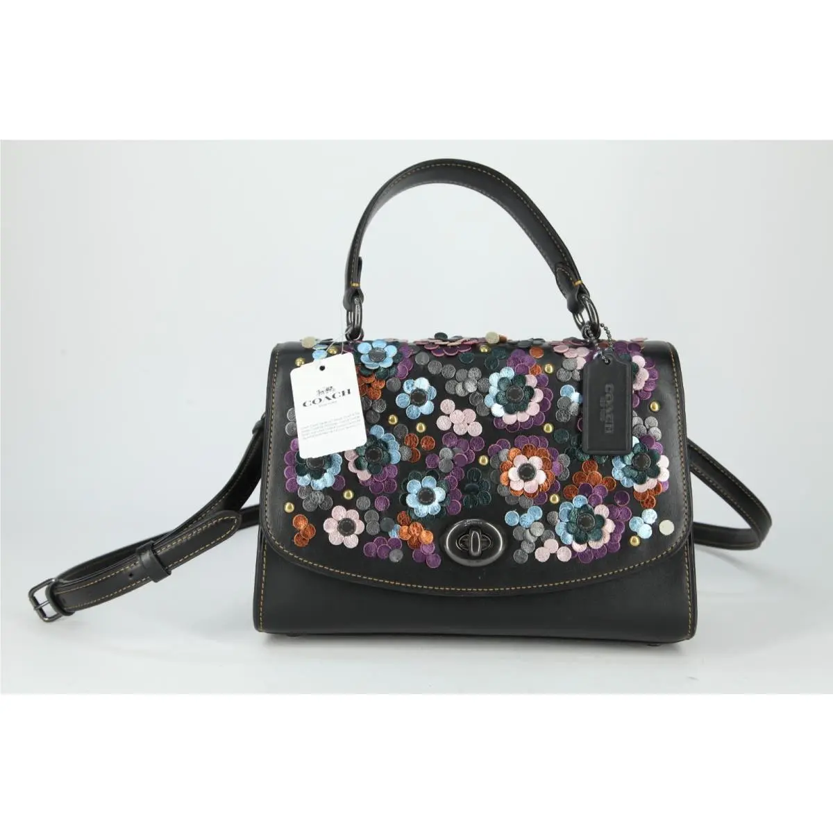Floral Black Leather Tilly Satchel Bag F80213 Multi Color Leather Trendy by Coach