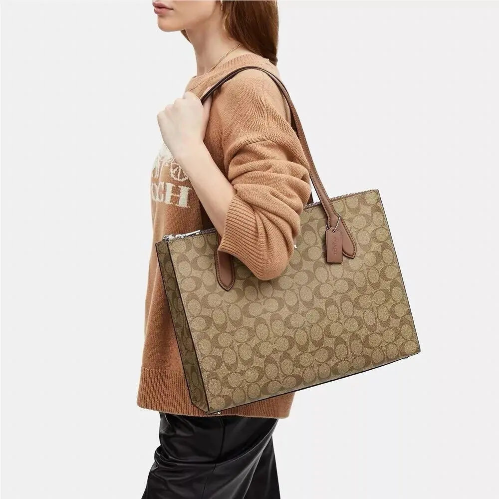 CL399 Nina Carryall Signature Canvas Tote Bag Khaki Saddle Brown by Coach