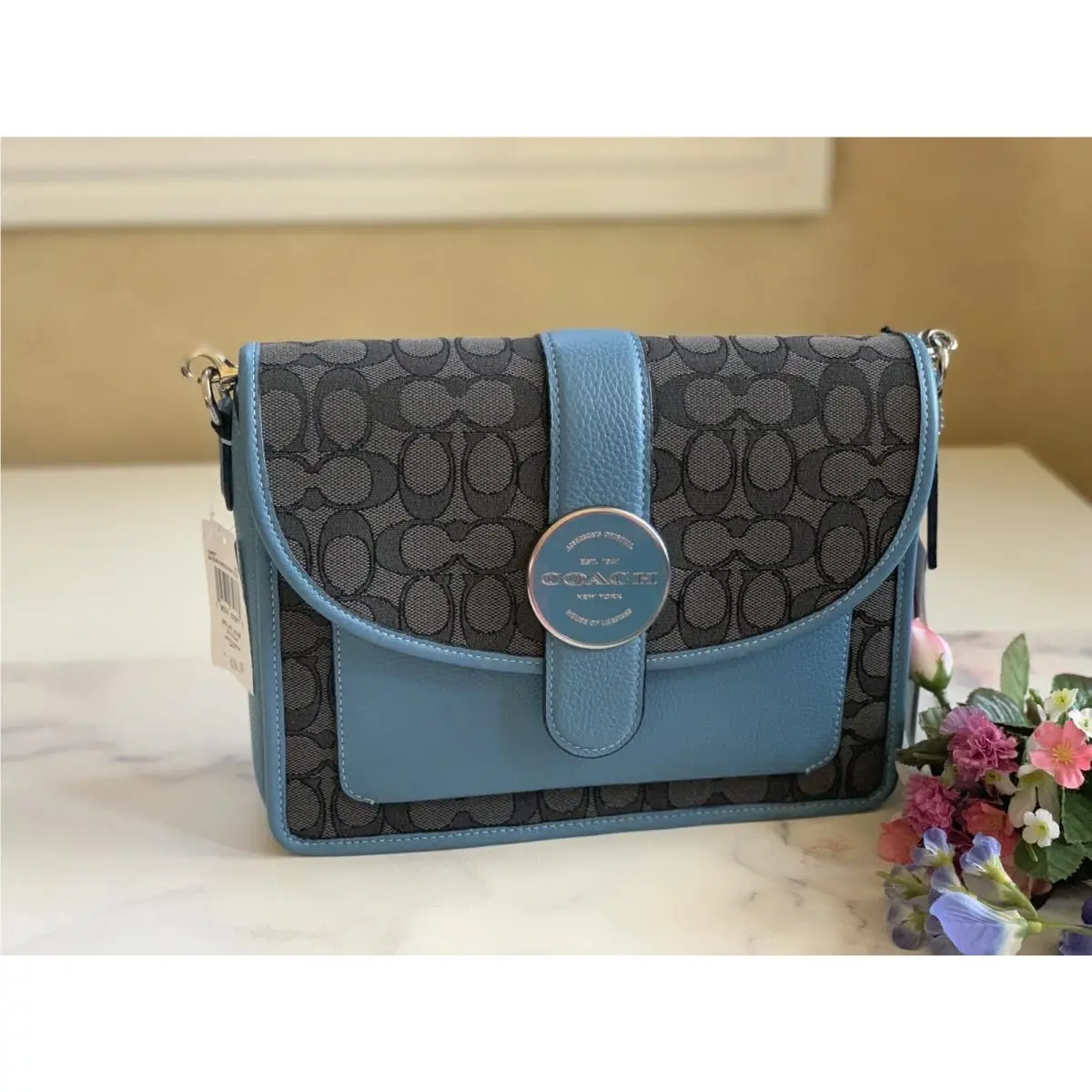 C8307 Signature Jacquard Lonnie Crossbody Black Smoke/pacific Blue by Coach