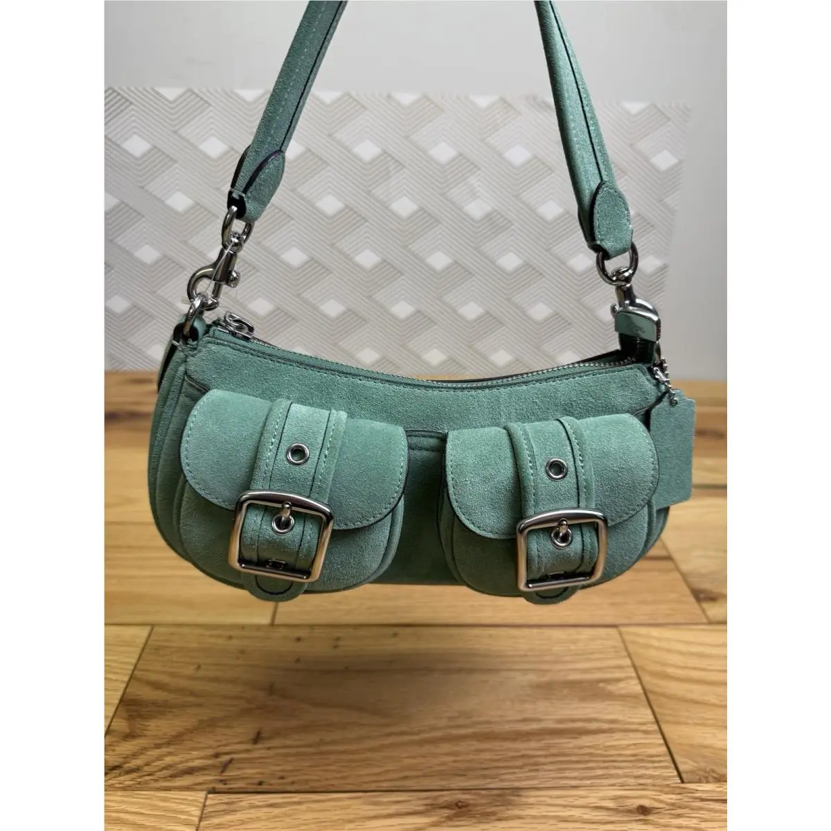 Ashton CDA95 Shoulder Crossbody Bag In Mint Green Suede Leather Silver by Coach