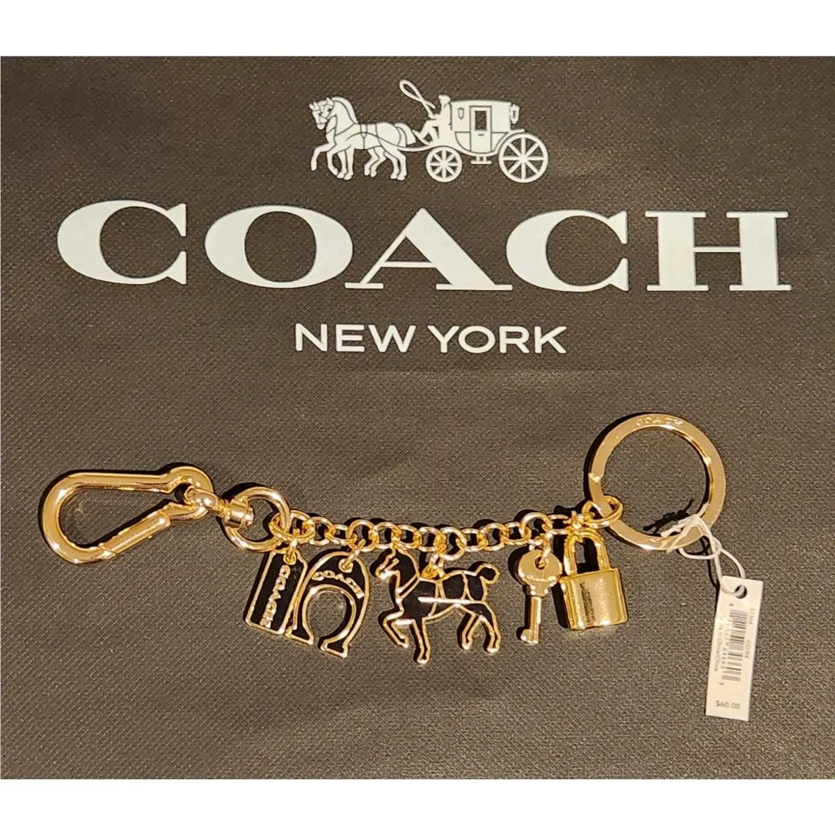 Icon Charms Loop Key Ring Black Gold Horse Lock Key Bag by Coach