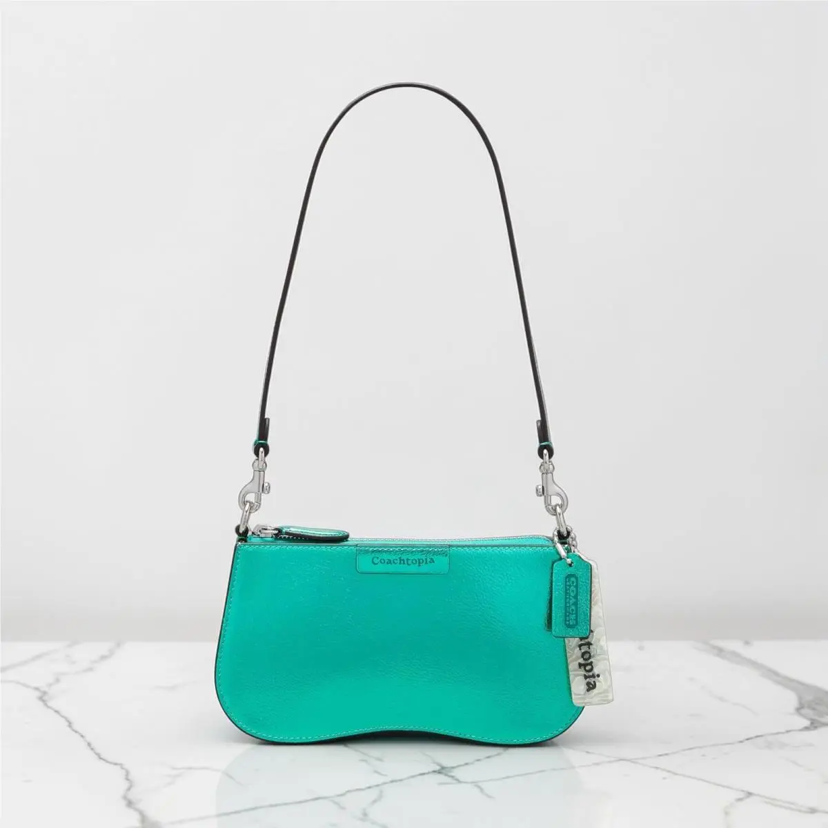 topia Small Wavy Shoulder Bag Metallic Green Leather CU873 by Coach