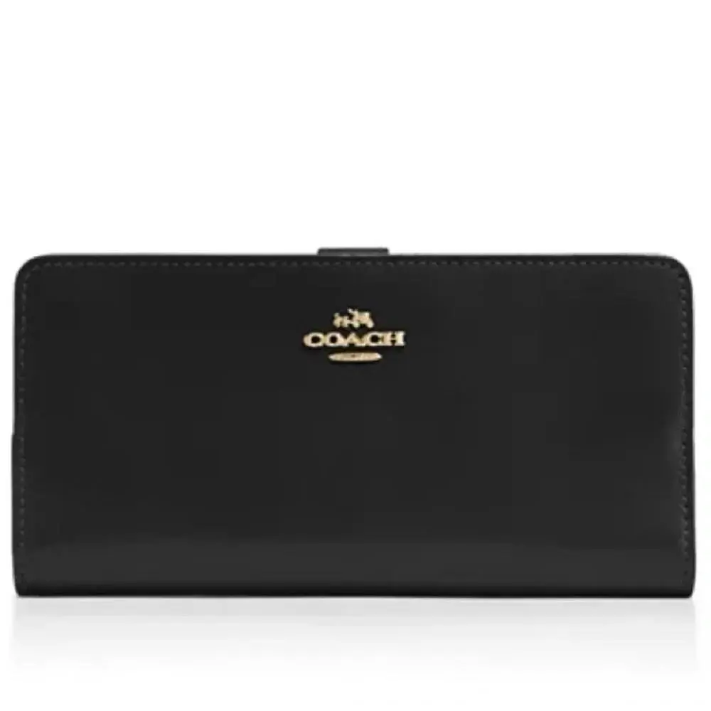 Skinny Wallet Smooth Black Leather Slim Bifold Coin Pouch Gold 8”x4” by Coach