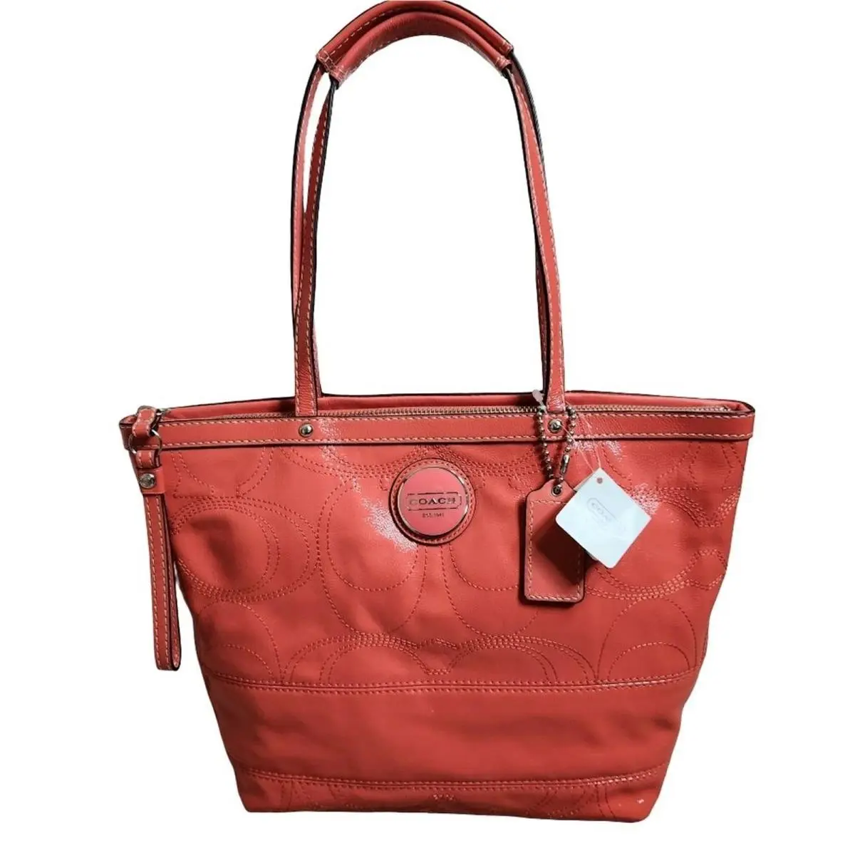 Vintage  Signature Stitch Y2K Op Art Patent Leather Tote Mango Coral F15142 by Coach