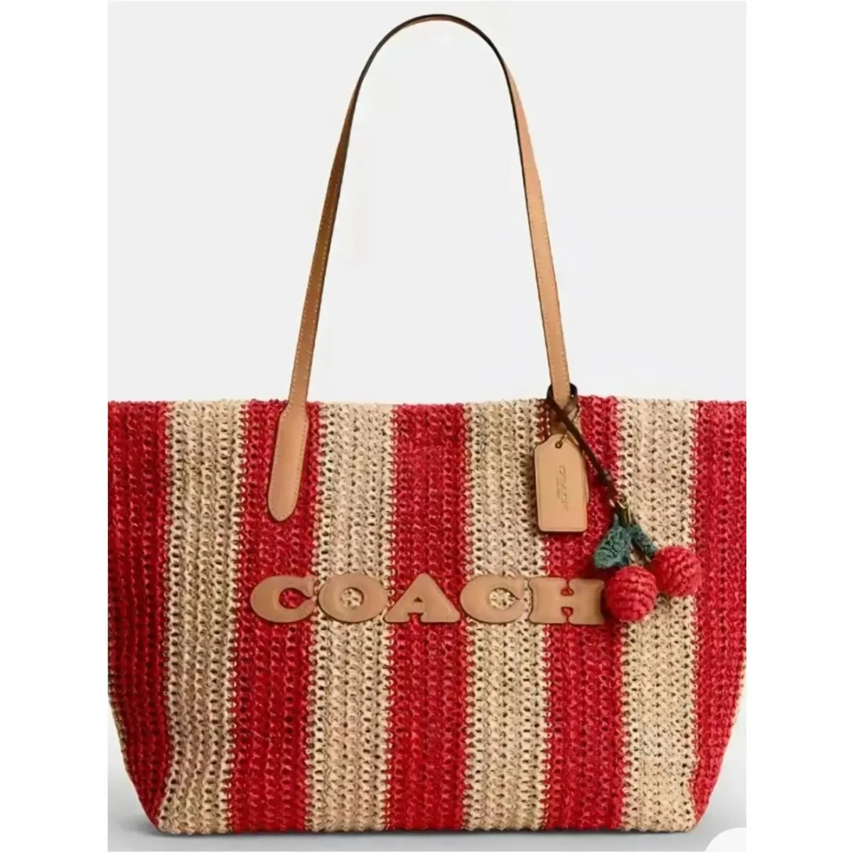 Striped Straw City Tote Womens Shoulder Bag with Charm CER30 Red/tan by Coach