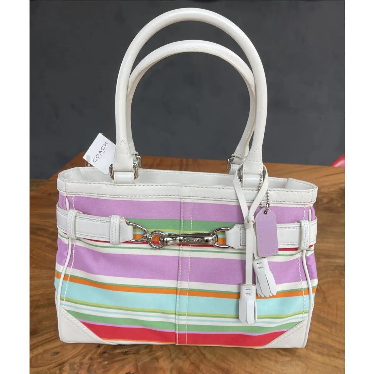 Vintage Y2K  Hampton Multi Stripe Canvas Satchel Tote Bag White Leather by Coach