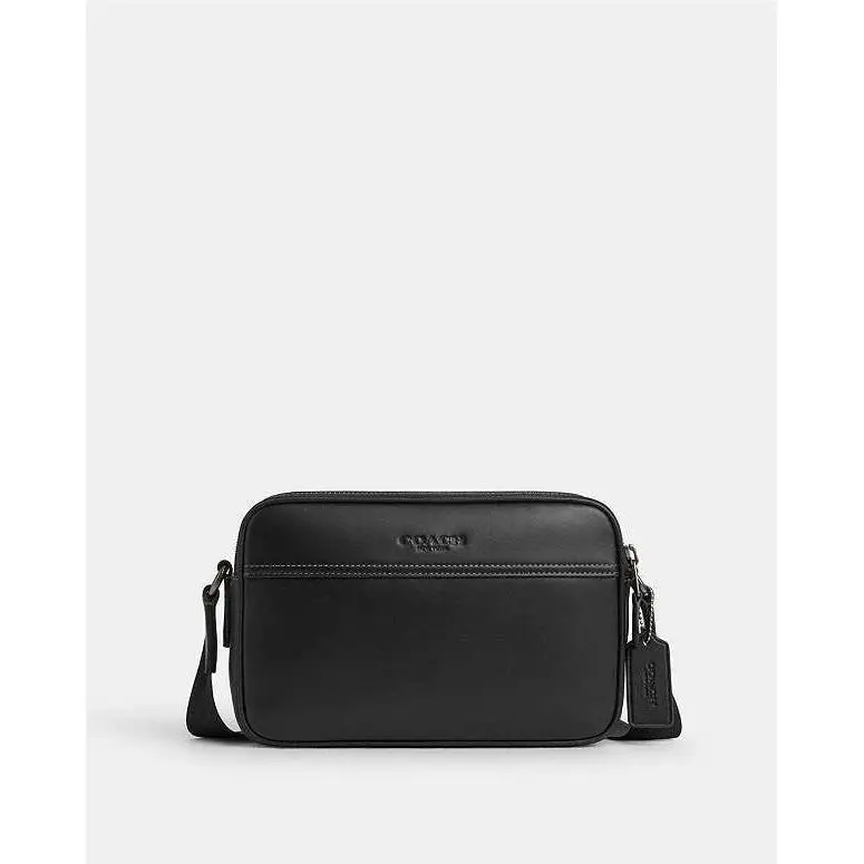 Graham Smooth Calf Leather Crossbody Bag Black Double Zip Camera Tote by Coach