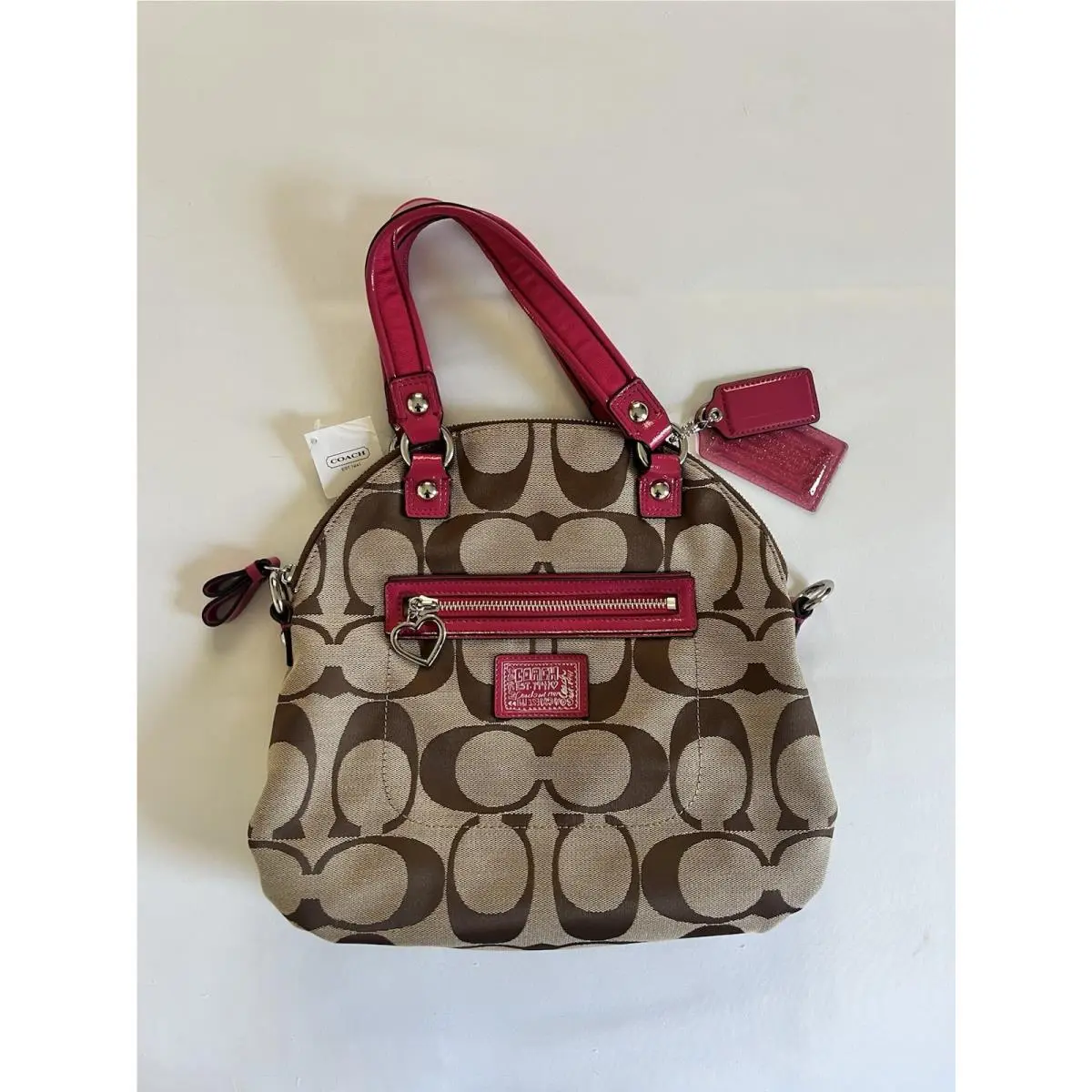 F22947 Daisy Signature Tote Shoulder Bag Khaki Raspberry by Coach