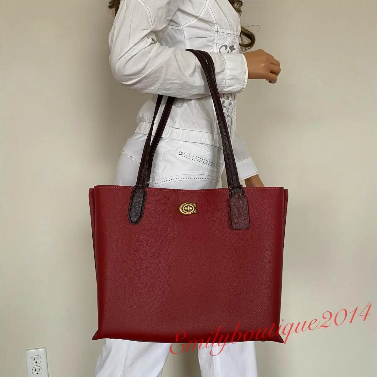 C0692 Willow Pebble Leather Tote In Colorblock Shoulder Bag Brick Red by Coach