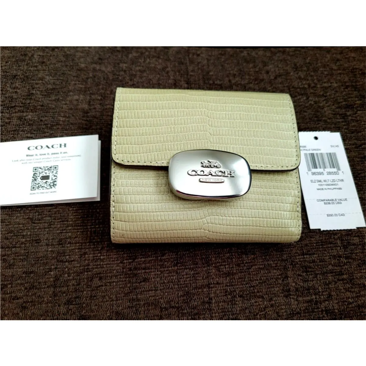 Eliza Lizard Embossed Leather Small Wallet Pale Green CR395 Nip by Coach