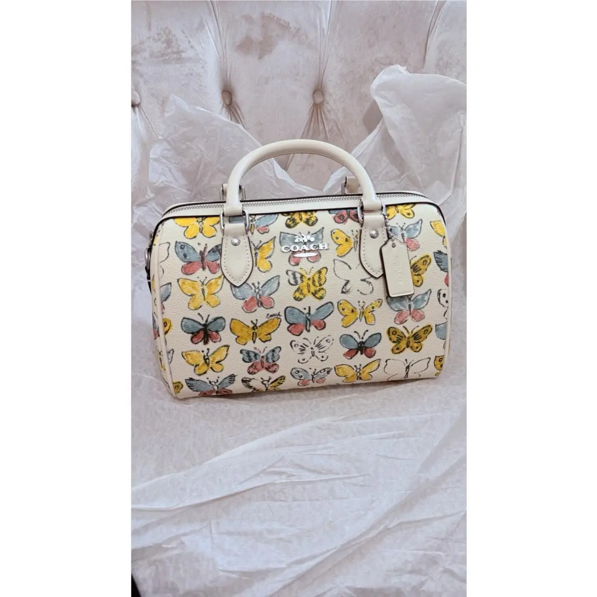 Rowan Satchel Bag Crossbody Butterfly Print Chalk CAK07 Zip Purse by Coach