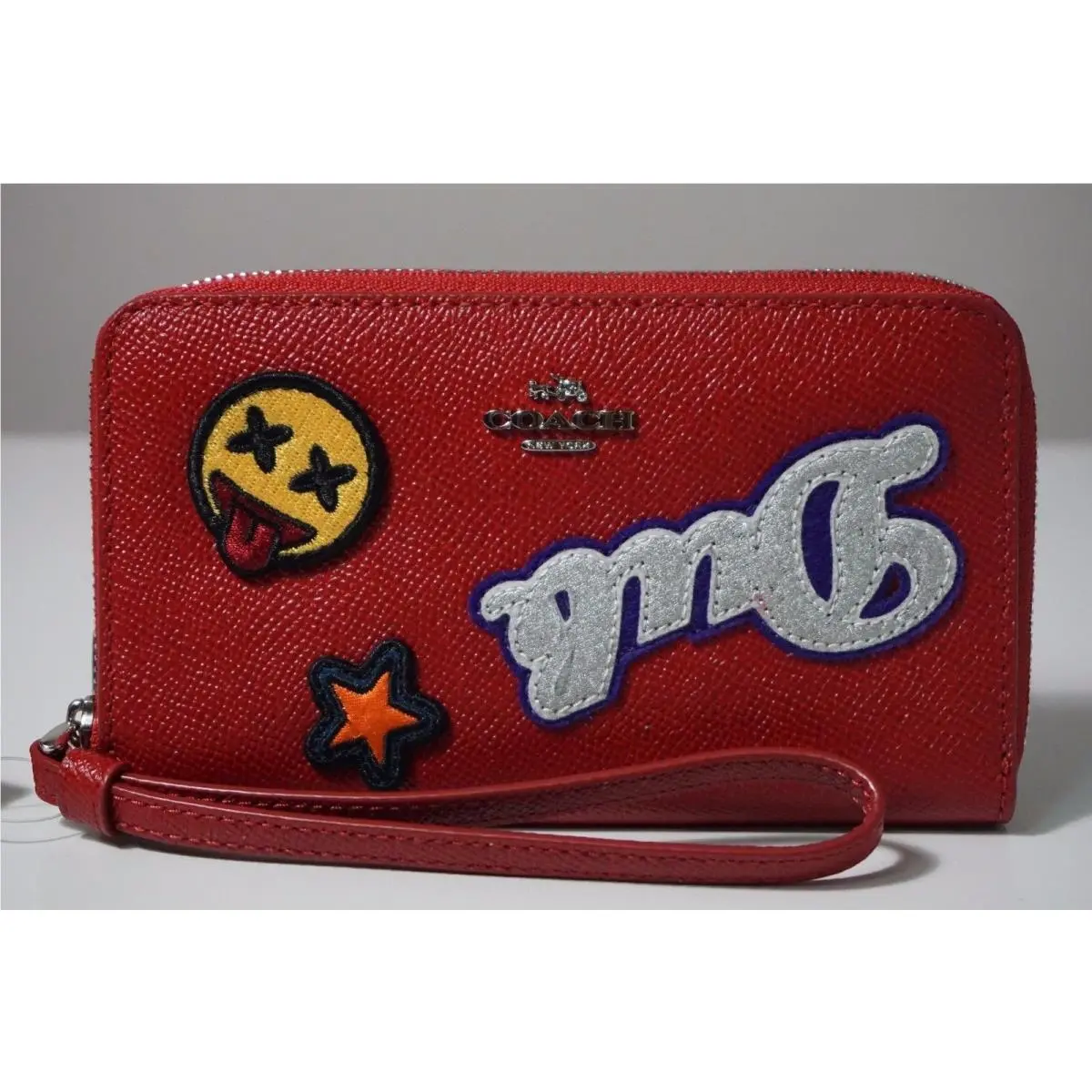 Red Crossgrain Leather with Varsity Patches Phone Wallet Wristlet F20976 by Coach