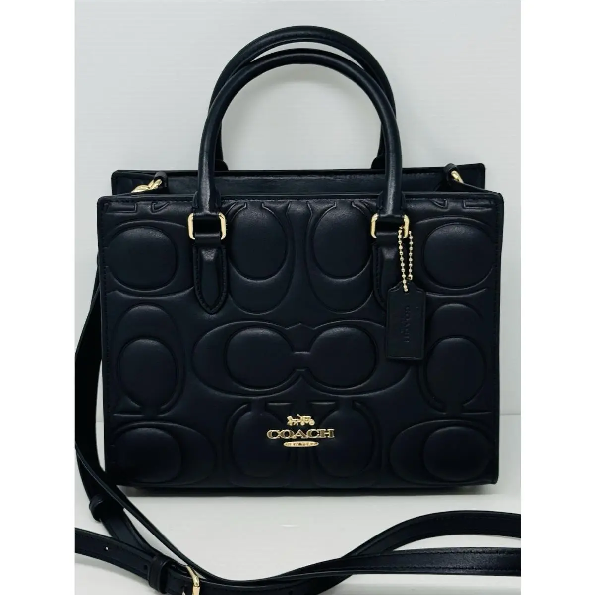 Signature Leather Embossed Maggie Tote Crossbody Bag Black Small by Coach