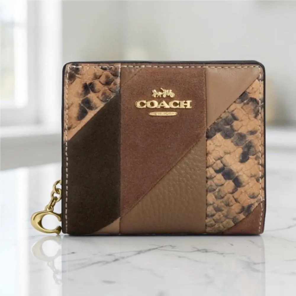 Snap Wallet Patchwork Snake Print Leather CCR27 Mushroom Brown Gold by Coach