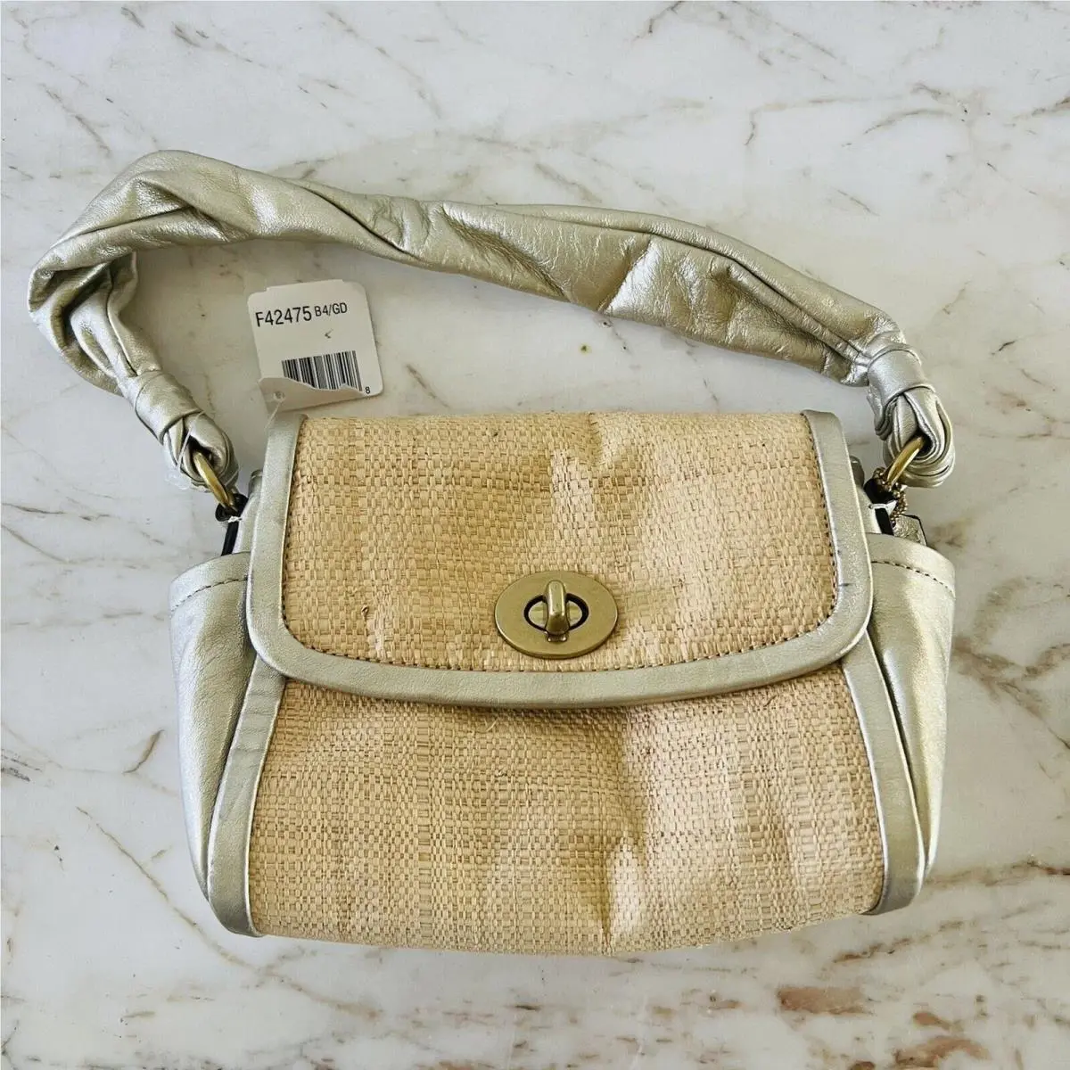 Parker Straw Top Gold Leather Trim Top Handle Small Shoulder Bag by Coach