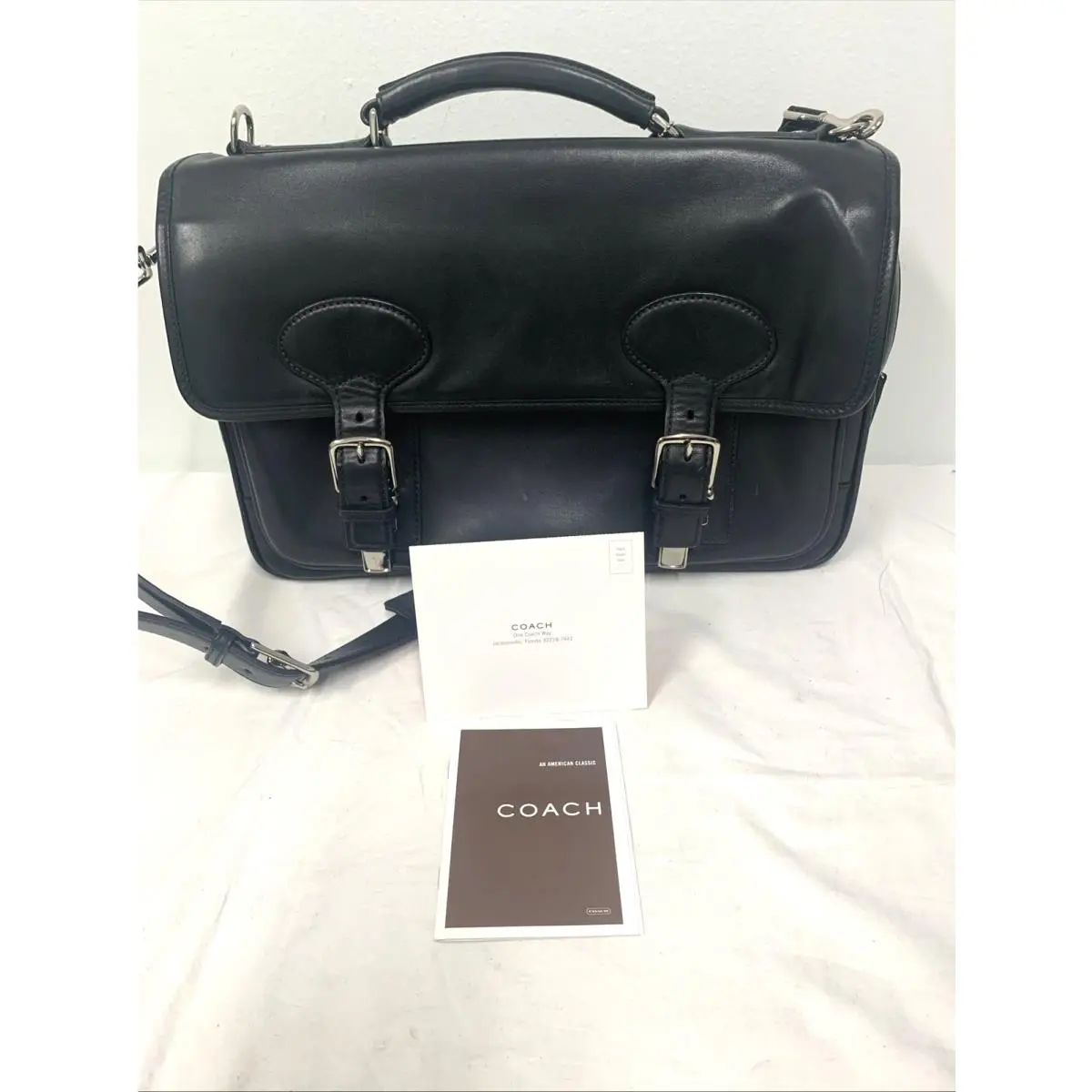 Flight Shoulder Black Leather Men’s Double Closure Satchel Bag w Strap by Coach