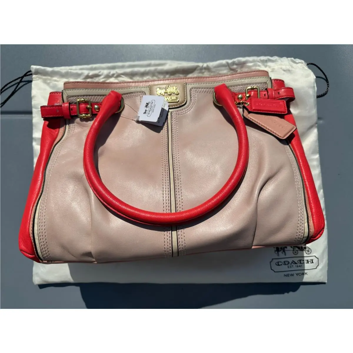 Madison Colorblock Leather Coral Kiwi Kara Carryall Tote Bag Satchel Tlc by Coach