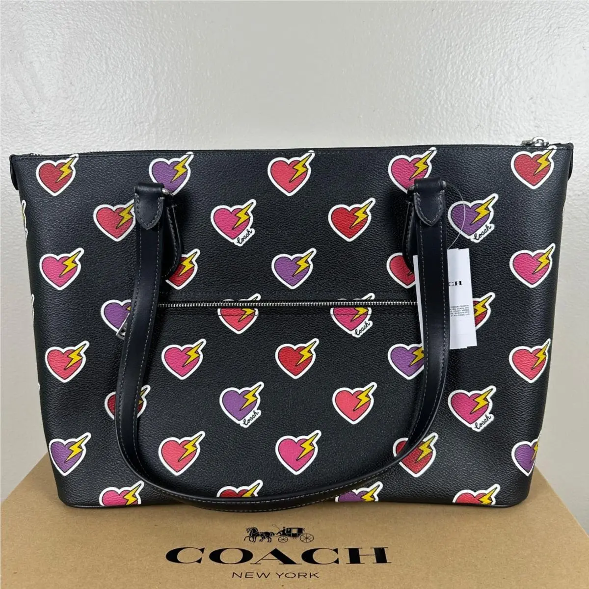 Women`s Large Gallery Tote Black Multi Heart Lightning Bolt Chic by Coach