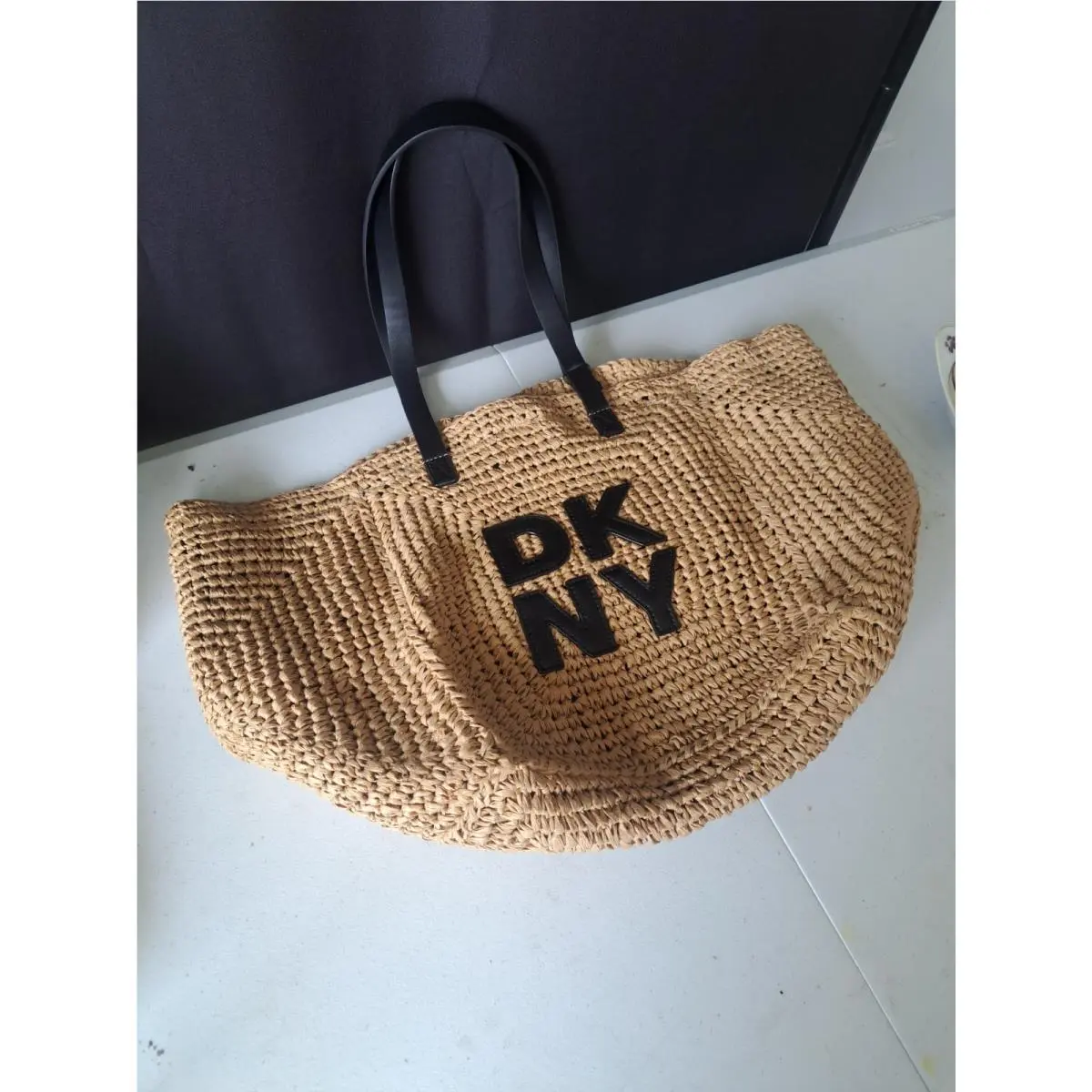 Dkny Large Beige/black Logo Tote Leather Double Handles Lightweight Dust Bag by DKNY