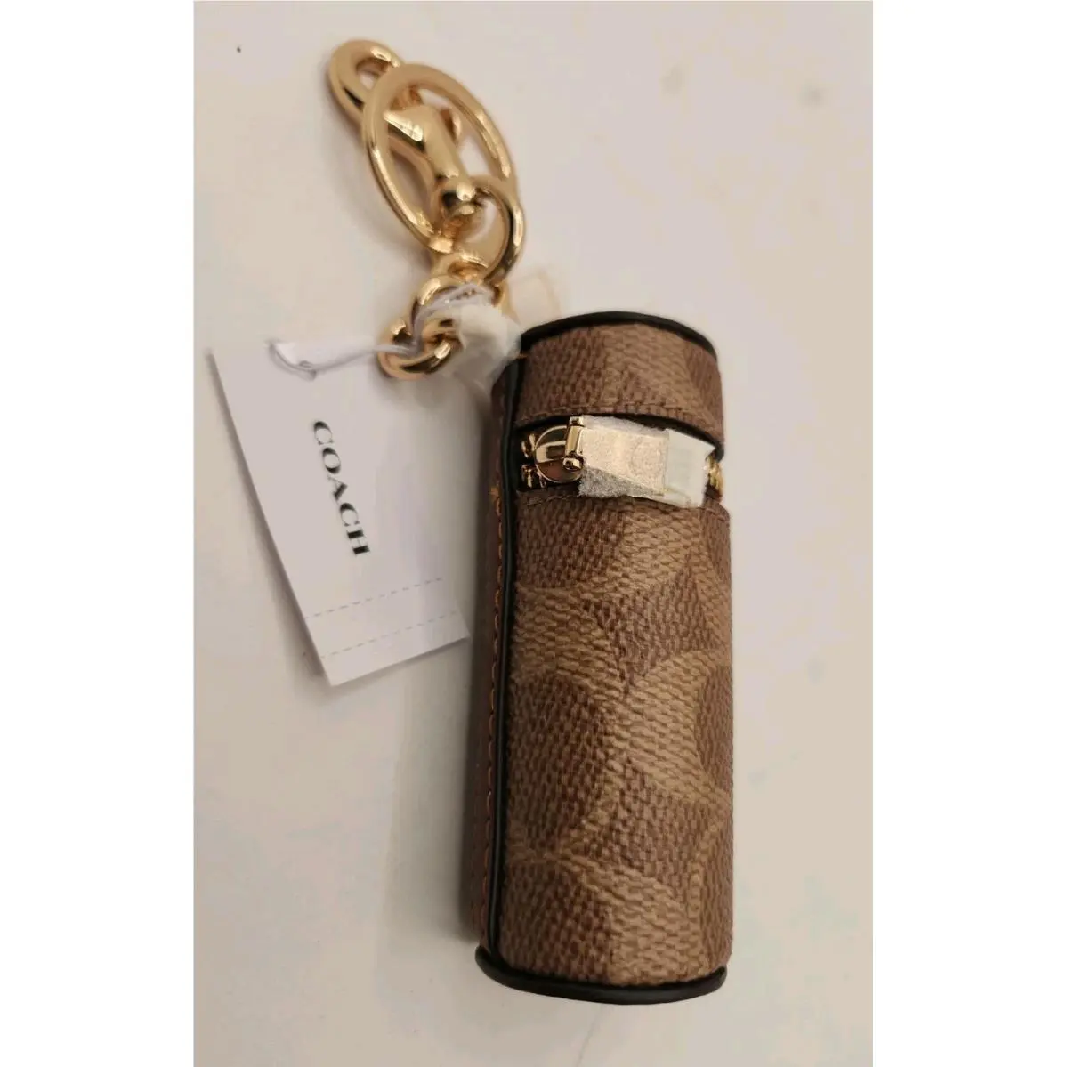 Lipstick Case Bag Charm Signature Canvas Gold/tan/brown CEM84 by Coach