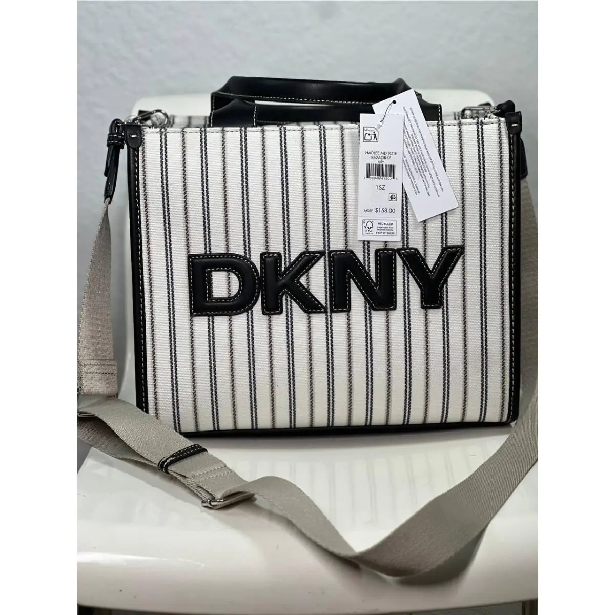 Dkny Hadlee Medium Canvas Logo Tote Crossbody Off-white Black Stripe Women`s by DKNY